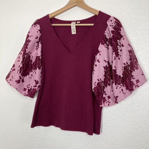 Dolan Shirt Womens Medium Burgundy Pink V-Neck Puff Sleeve Floral Lace Knit - Picture 2 of 16